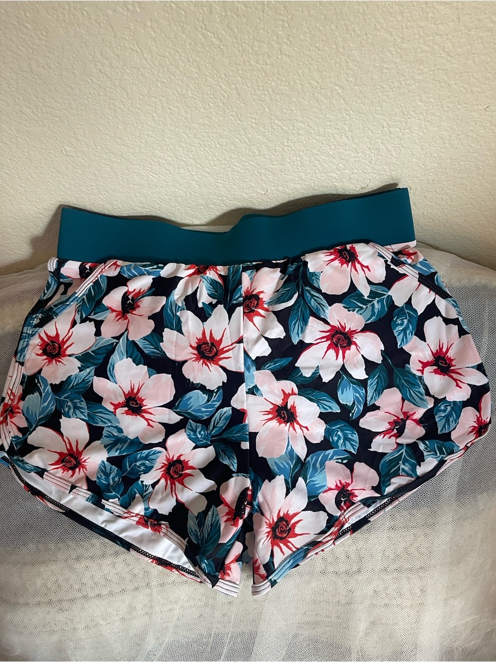 Floral Athletic Shorts with Teal Waistband - Pink & Navy